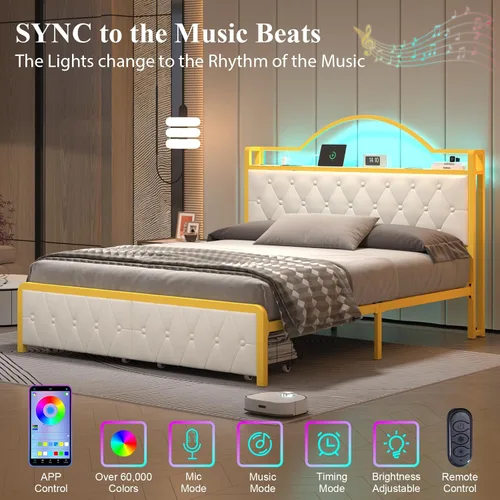 Vista 3 de E-Motie Bastidor de cama tamaño matrimonial en color blanco con 2 cajones de almacenamiento, luces LED y estación de carga. Plataforma tapizada