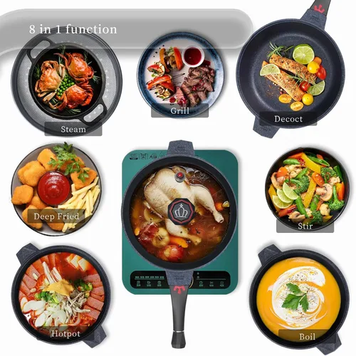 Vista 3 de TIBORANG Sartén antiadherente profunda para freír 8 en 1 multiusos de 11 pulgadas, 5 cuartos de galón, con indicador de calor, tapa de vidrio, mango