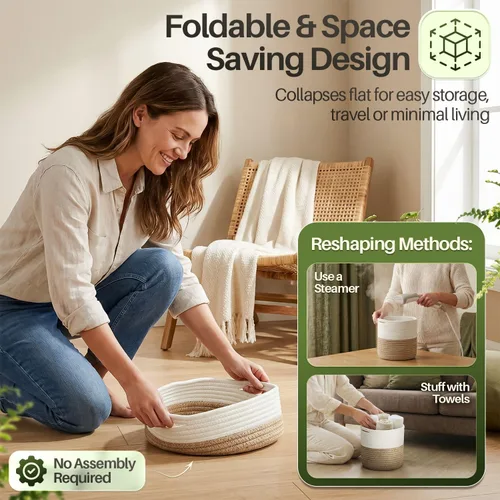 Vista 4 de Flexzion Cesta para plantas de interior – Cesta decorativa tejida de cuerda de algodón de 11 x 11 pulgadas, cesta redonda de almacenamiento con asas