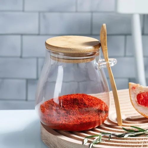 Vista 3 de Joeyan Tarro de vidrio con tapa hermética de bambú y cuchara adjunta, recipiente de condimentos para especias de azúcar y sal de 12 onzas, olla