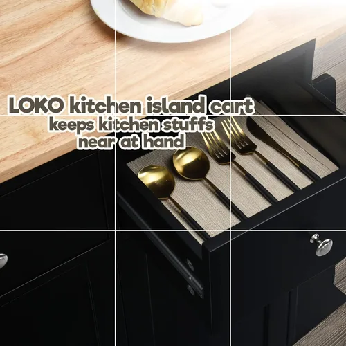 Vista 5 de LOKO Kitchen Island, carrito de almacenamiento de cocina con 3 niveles para especias y toallero, carrito de microondas con ruedas y mesa de madera