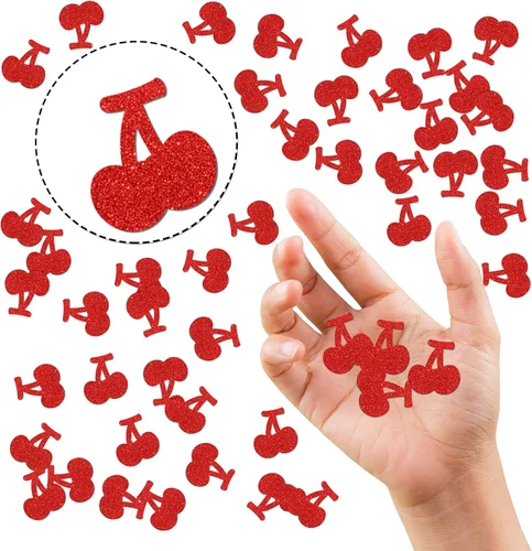 Vista 3 de Confeti de cumpleaños de cereza con purpurina roja, confeti de mesa de baby shower, compromiso, dispersión de papel de boda, confeti de mesa