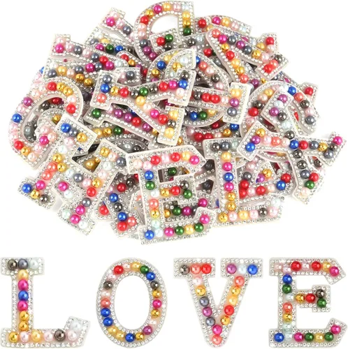 Vista 10 de Morcheiong 26 piezas de parches de letras con diamantes de imitación de perlas autoadhesivas A-Z, parches de letras de perlas para pegar en ropa
