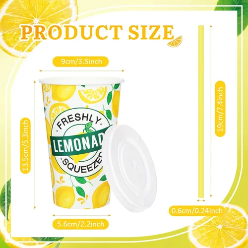 Vista 3 de Meanplan 300 piezas/100 juegos de vasos de limonada con tapas y pajitas, vasos desechables para fiestas, tazas de papel de limón, suministros
