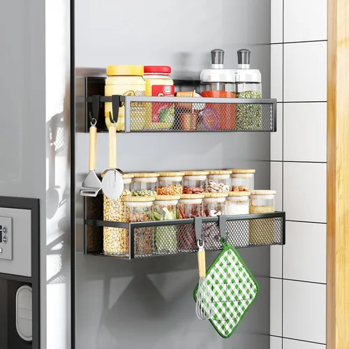 Aufworld Estante magnético para especias para refrigerador, paquete de 2 estantes magnéticos, organizador magnético para refrigerador con 4 ganchos