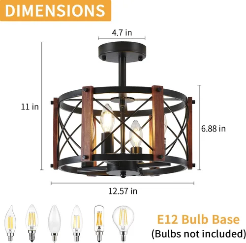 Vista 6 de Lámpara de techo semiempotrada rústica de 4 luces, moderna para entrada, pasillo, lámparas de cocina con tambor de madera de roble, luces negras