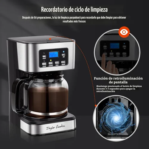 Vista 6 de Taylor Swoden Cafetera programable de 12 tazas, cafetera de goteo regular y fuerte para el hogar y la oficina, jarra de vidrio, pausa y servicio