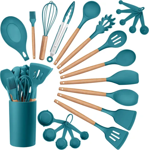 Vista 12 de Juego de utensilios de cocina HaWare, juego de espátulas de silicona de 23 piezas con soporte, utensilio de cocina con mango de madera resistente al
