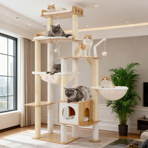 Vista 11 de Heybly Árbol para Gatos, Torre Alta de Madera de 70.5 Pulgadas para Gatos Grandes de Interior con Estructura Extra Estable, Muebles Modernos