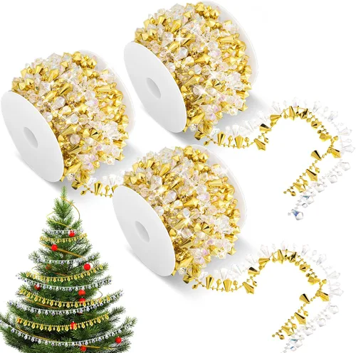 Geetery 3 rollos de 3 rollos de cuentas de cristal para árbol de Navidad de 100 pies, guirnalda de cuentas brillantes para Navidad, boda, fiesta,