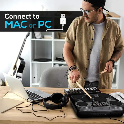 Vista 3 de Juego de batería digital de mesa electrónico Pyle, kit compacto y portátil de almohadillas táctiles con 8 pads y pedales, 600 sonidos, salidas USB