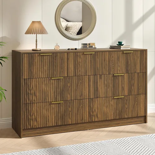 Vista 11 de Cómoda negra con 6 cajones profundos, cómoda acanalada de 55" de ancho para dormitorio con tirador dorado, cómoda moderna para armario, dormitorio