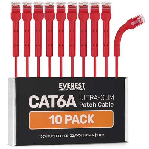 Vista 9 de Everest Cables de parcheo Ethernet Cat6a ultra delgados 1 pie (paquete de 10) Amarillo - Cable de parcheo Cat 6a de 10GB - Cable Ethernet flexible
