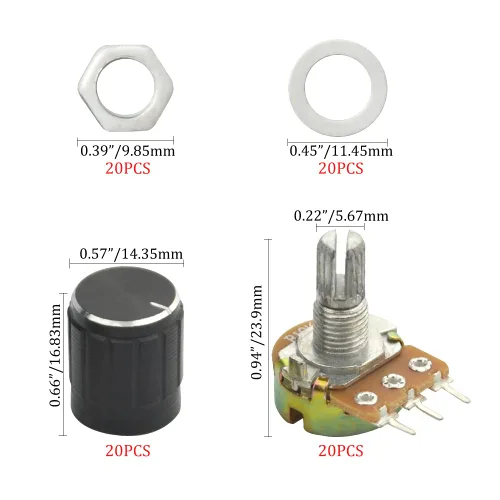 Vista 5 de WMYCONGCONG 20 PCS B10K 10K Ohm eje moleteado lineal rotatorio potenciómetro cónico con perilla negra (WH148) Kit