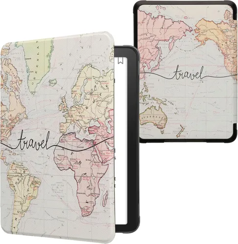 Vista 25 de kwmobile Funda compatible con Amazon Kindle Paperwhite 11. Generación 2021 - Funda para lector electrónico - Libros y páginas Beige/Marrón/Dorado