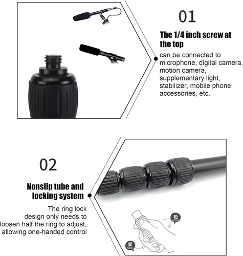 Vista 3 de Poste de brazo de micrófono de mano, brazo de micrófono extensible de 4 5 secciones con mango de espuma y hilos de 1/4 pulgadas, soporte