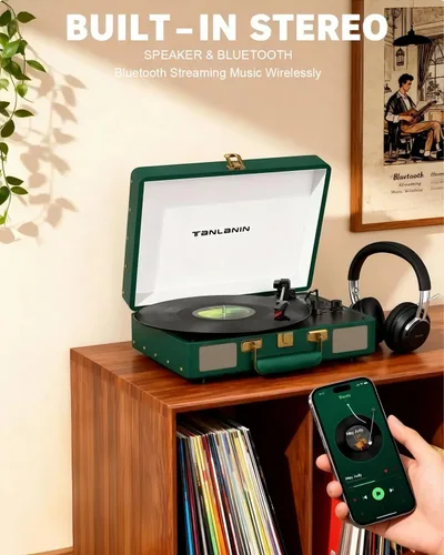 Vista 2 de Tocadiscos Bluetooth vintage de 3 velocidades, tocadiscos portátil de maleta con altavoces estéreo integrados y grabación USB, convierte vinilo a