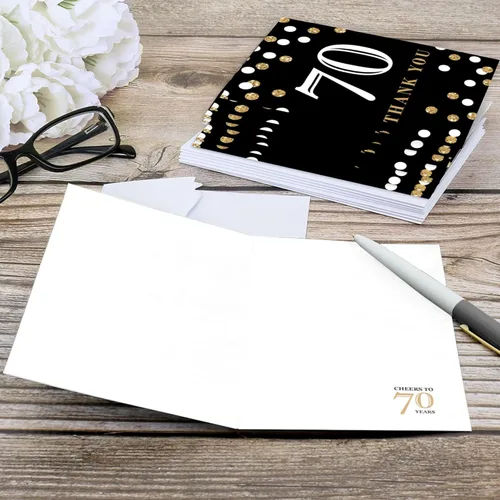 Vista 4 de Big Dot of Happiness Tarjetas de agradecimiento para adultos de 70 cumpleaños – dorado – 8