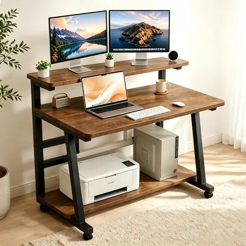 Vista 10 de Escritorio compacto de 39.4 pulgadas para computadora con mesa de trabajo de niveles y ruedas con bloqueo, escritorio pequeño para dormitorio