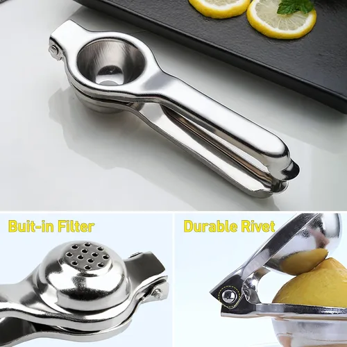 Vista 5 de Exprimidor de limón prémium de acero inoxidable, exprimidor manual de limón, exprimidor eficiente de cítricos con cuenco de metal para extracción