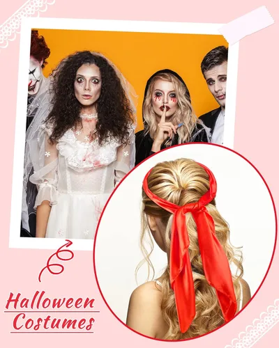 Vista 6 de Bufanda de seda para la cabeza, bufanda grande para el cuello cuadrado, bufanda para disfraz de Halloween, pañuelo de satén retro para mujeres
