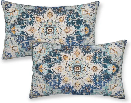 Vista 28 de BETGINY Fundas de almohada boho 12x20, almohadas decorativas al aire libre de diseño étnico azul y blanco para sofá, funda de cojín