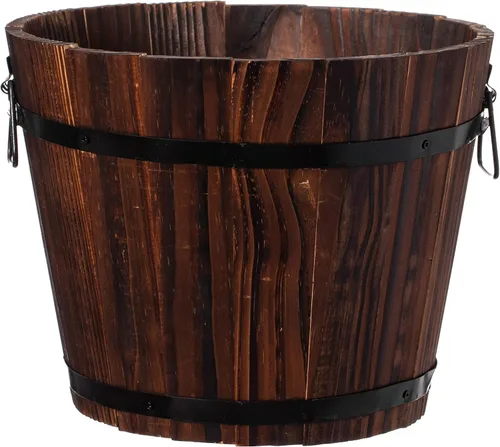 Vista 8 de Maceta rústica de madera para whisky con asas de medalla duraderas y agujero de drenaje, perfecta para plantas de interior y exterior, hierbas