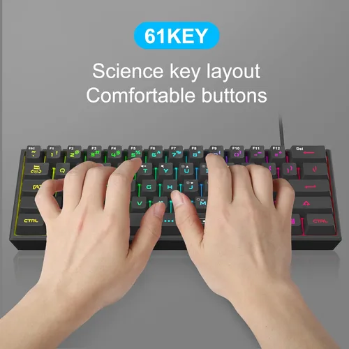 Vista 7 de MageGee Teclado mini 60% para juegos, retroiluminado RGB de 61 teclas ultra compacto, TS91 ergonómico, impermeable, sensación mecánica, teclados
