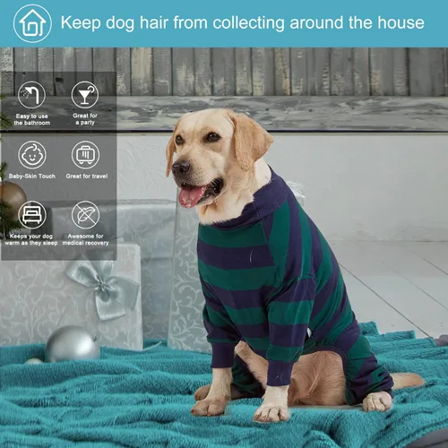 Vista 7 de LovinPet Pijama grande para perro, mameluco ligero y elástico para perro, pijama para mascotas, camisa de perro con estampado de rayas verdes
