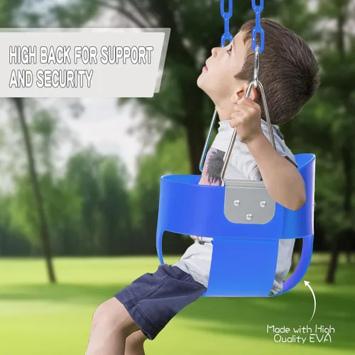 Vista 5 de asiento de columpio para niños pequeños con cadenas recubiertas, respaldo alto resistente con correas para árbol y ganchos para exteriores, parque
