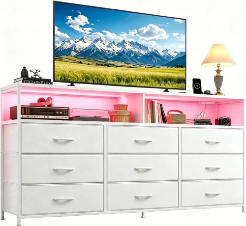 Vista 10 de Cómoda de 55 pulgadas de ancho para dormitorio con 9 cajones LED, tomas de corriente para TV de 65 pulgadas