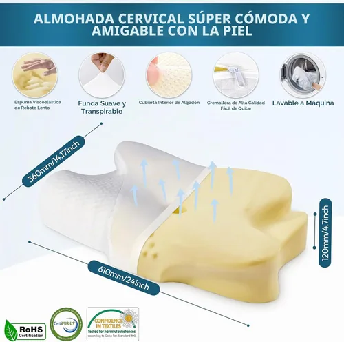 Vista 5 de Almohada cervical cervical para dormir – Almohada cervical de espuma viscoelástica para aliviar el dolor de cuello – Almohada ergonómica para dormir
