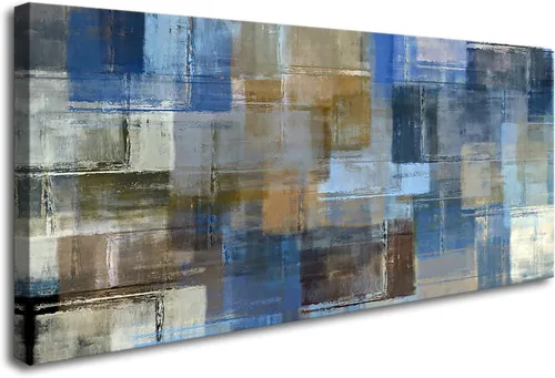 DZL Art A74875 - Arte abstracto grande para pared, impresiones en lienzo gris y azul, arte de pared enmarcado, arte de pared para sala de estar,