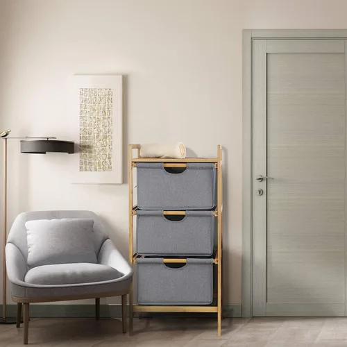 Vista 7 de Organizador de lavandería de bambú independiente de 3 secciones, organizador de cesta de ropa dividida con cajones extraíbles para dormitorio