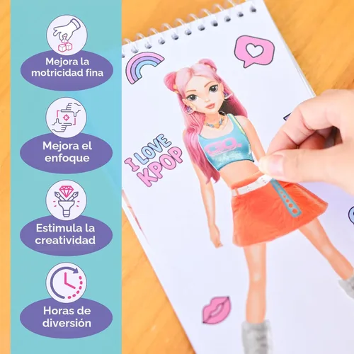 Vista 6 de BSCOOL Sticker Dress up K-Pop - Libro de actividades con calcomanías para niños. Aprende diseño de moda para niñas con pegatinas y guías para niños