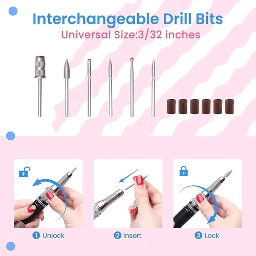 Vista 6 de Delanie Taladro de uñas eléctrico profesional 35000 RPM recargable portátil E-File para tecnología de uñas, oro rosa