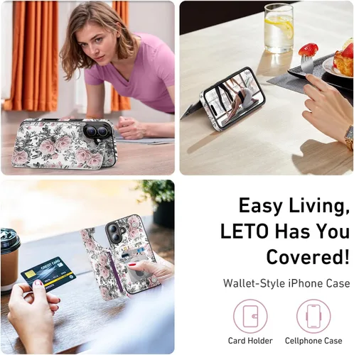 Vista 1023 de LETO para iPhone 15 Pro Funda tipo cartera - Tapa tipo folio con patada - Diseños de moda - Tarjetero - Funda protectora para mujeres y niñas - 6.1