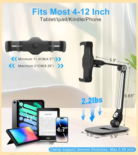 Vista 2 de Soporte ajustable para tablet de escritorio, soporte giratorio de 360° para iPad Air mini Pro de 4.7 a 12 pulgadas, iPhone, Samsung POS, Kindle