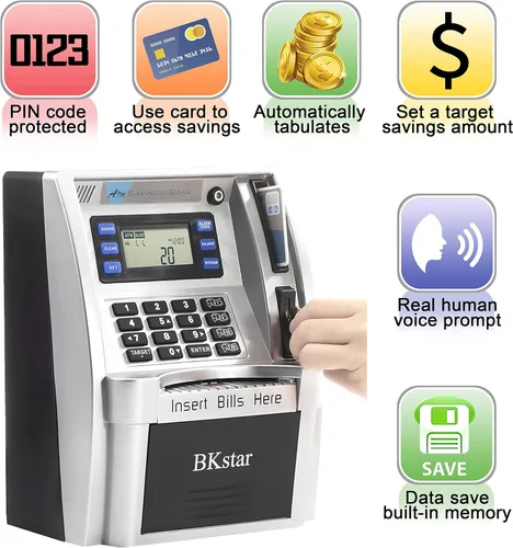 Vista 2 de BKstar alcancía parlante estilo cajero automático para niños con tarjetas de débito, memoria de apagado, cajón de apertura automática para dinero