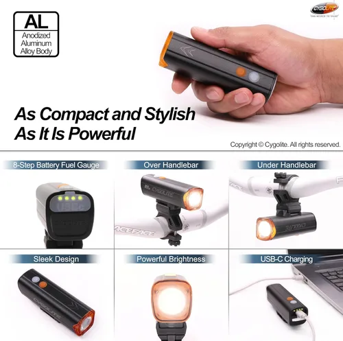 Vista 6 de Cygolite Velocity 1600, 1200, 1000, 800 Lumen USB-C Bike Lights – Anodized Aluminum Alloy – 9 Light Modes – Fine Tunable Brightness - Compact, IP67