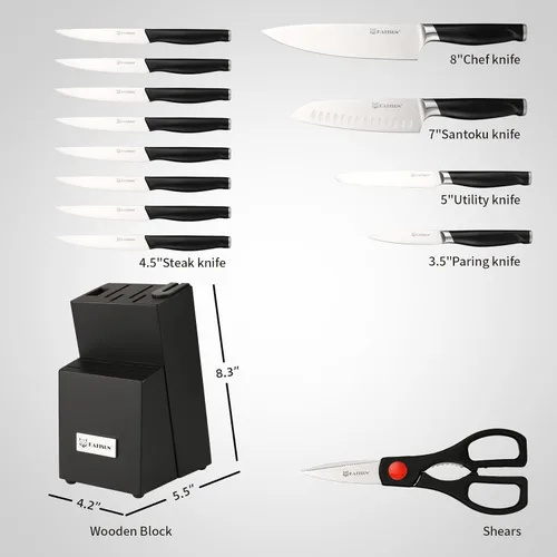 Vista 2 de Juego de cuchillos de cocina de 15 piezas con bloque, mango ergonómico de ABS para juego de cuchillos de chef y cuchillos de carne dentados