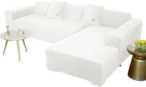 Vista 22 de Fundas de sofá seccionales, funda elástica de terciopelo en forma de L, funda de sofá suave antideslizante para sofá de esquina, beige, 2 plazas + 2