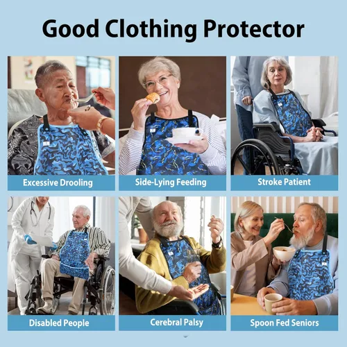 Vista 4 de Paquete de 2 baberos para adultos con recogedor de migas para hombres, baberos ajustables para comer, protectores de ropa impermeables y lavables