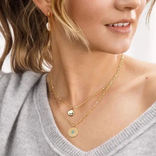 Vista 2 de Aobei Pearl Collar chapado en oro de 18 quilates con dije de cruz de corazón, corazón, estrella, león, mal de ojo, amor, medallón, clip de papel