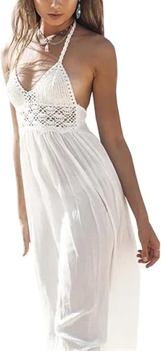 Vista 3 de Lilbetter - Vestido largo con croché, sin espalda, bohemio, halter, para mujer