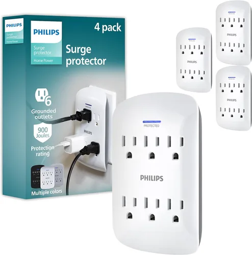 Vista 9 de Philips Protector contra sobretensiones extensor de 6 enchufes, adaptador de pared, 900 julios, 3 clavijas, diseño que ahorra espacio, luz LED