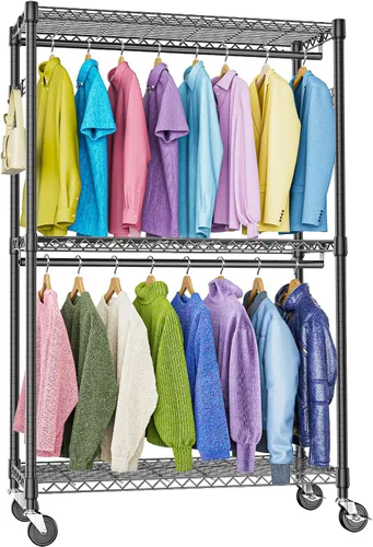 Vista 22 de M MZG Perchero resistente con ruedas de 3 niveles de alambre ajustable con 3 varillas y ganchos laterales, estante de ropa para armario, color Negro