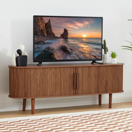 Vista 63 de Soporte de TV, mesa consola multimedia con puerta corredera y compartimento de almacenamiento, centro de entretenimiento moderno con almacenamiento