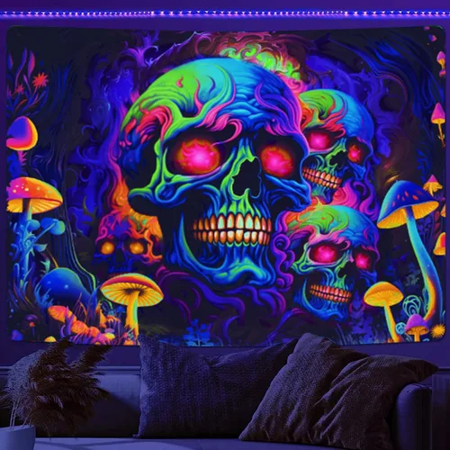 Vista 13 de Xiaoput Tapiz de pared de esqueleto reactivo a los rayos UV con calavera para dormitorio, sala de estar, decoración de dormitorio, 40 x 30 pulgadas