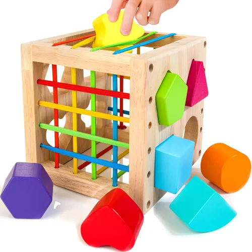 HELLOWOOD Juguetes Montessori para niños de 1 año en adelante, cubo clasificador de madera con 8 formas de traqueteo, juguetes de aprendizaje de